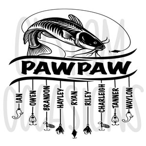 May include: Black and white illustration of a catfish with a fishing line and lure. The text "PAWPAW" is written on a banner below the fish.  Nine names are written below the banner, each with a fishing lure hanging from it.