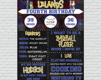 Könnte beinhalten: Ein Geburtstagsschild im Kreidetafel-Stil mit Baseball-Thema. Das Schild ist mit Feuerwerk und Baseballs verziert. Es steht "Leland's Fourth Birthday" und enthält Details wie Größe, Gewicht, Lieblingsdinge und Zukunftswünsche.