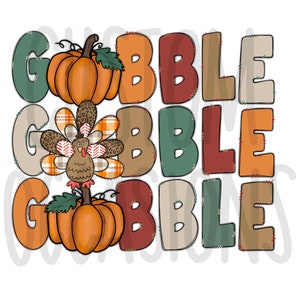 Op de afbeelding: Drie rijen van het woord "Gobble" in verschillende kleuren en lettertypen. Elke rij heeft een pompoen of een kalkoen in het midden. De pompoenen zijn oranje met groene stelen en bladeren. De kalkoen is bruin met een kleurrijke geruite en luipaardprintstaart.