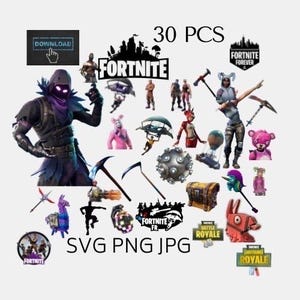 May include: A collection of 30 Fortnite-themed digital graphics, including characters, weapons, and logos. The image features a variety of colorful illustrations, including the text "FORTNITE" and file type indicators "SVG PNG JPG".