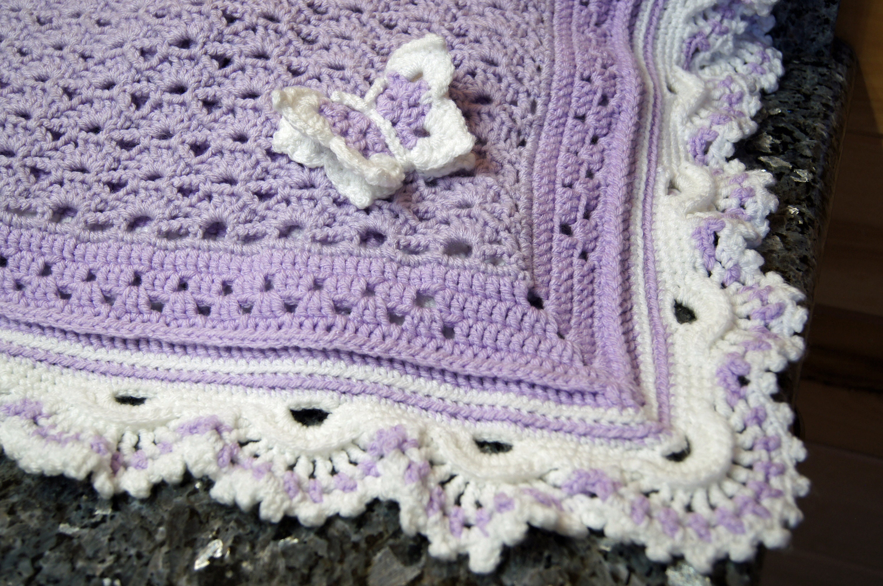 Crochet Butterfly Baby Blanket, available in Purple, Pink, Blue, Rose, Green, Gray or Yellow