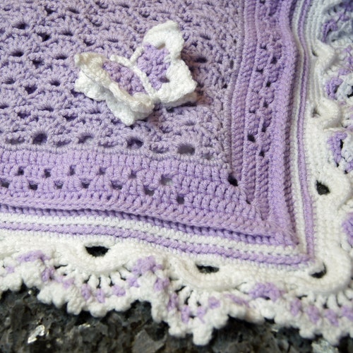 Crochet Butterfly Baby Blanket, available in Purple, Pink, Blue, Rose, Green, Gray or Yellow