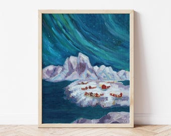 Print descargable de Noruega, ilustración de viaje del norte de Noruega, dibujo de las auroras boreales de Lofoten.