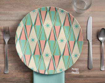 Mid Mod Atomic Starburst Plate 50s Vintage Mid Century Modern Lime Cream Pink and Cream Dinnerware MCM Kitchen Gifts Retro Party Plates