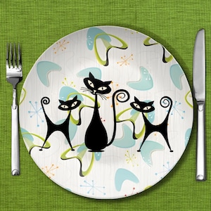 Atomic Cat Dinner Plate Mid Century Atomic Kitschy Cat Dinnerware Retro 60s Kitchen Decor Unique Cat Lover Gift Perfect for Retro Parties