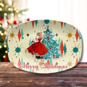 Retro Vintage 50s Franciscan Diamond Starburst Kitsch Christmas Card Art Platter, Retro Vintage 50s Cookies For Santa Plate