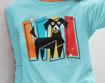 Atomic Dog Shirt met lange mouwen, comfortabele kleuren, retro design, unisex, geweldig cadeau voor hondenliefhebbers, mid-century modern stijl.