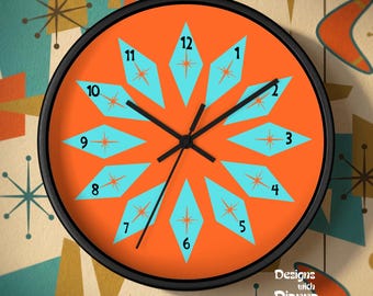 Mid Century Modern Wall Clock, Atomic Starburst Clock, Retro Orange Aqua Kitchen Clock, 1950s MCM Home Decor