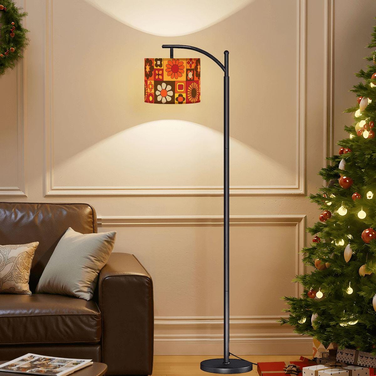 Groovy 70s Arc Floor Lamp Retro Floral Shade Vintage Home Decor