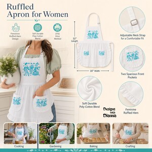 May include: A white apron with a blue graphic print, featuring two front pockets, a ruffled hem, and an adjustable neck strap. The apron measures 32 inches in length and 30 inches in width, made from a poly-cotton blend with a DTG print design.