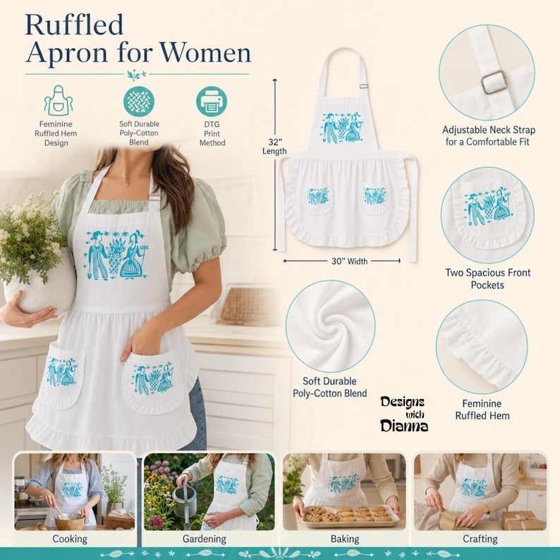 May include: A white apron with a blue graphic print, featuring two front pockets, a ruffled hem, and an adjustable neck strap. The apron measures 32 inches in length and 30 inches in width, made from a poly-cotton blend with a DTG print design.