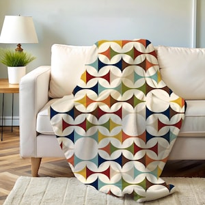 Mid Century Modern Sherpa Fleece Blanket MCM Geometric Throw in Cream Teal Mustard and Rust Retro Geometric Shape Blanket Housewarming Gift