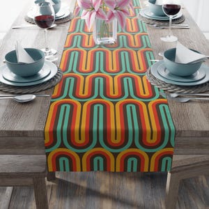 Table Runner In Mid Century Modern 70S Groovy Hippie Retro, Table Decor in Brown, Orange, and Teal Colors, Hippie 70s Theme, MCM Table Decor