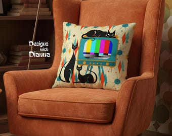 Atomic Cat Throw Pillow Retro Mid Century Modern Decor Black Cat Cushion Cover for Couch Living Room Office Gift for Cat Lovers Birthday