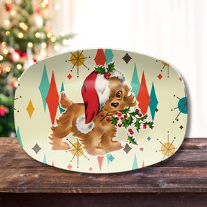 Retro Vintage 50s Franciscan Diamond Starburst Kitsch Christmas Card Art Platter, Retro Vintage 50s Cookies For Santa Plate
