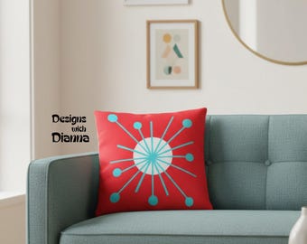 Mid Century Modern Atomic Starburst Throw Pillow, Retro Red & Teal Accent Cushion, 1950s MCM Home Decor