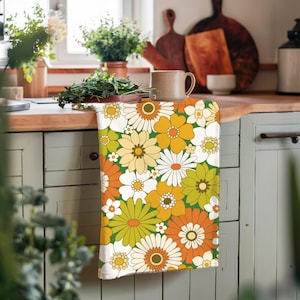 Retro 70s Floral Kitchen Towel Groovy Flower Power Decor Vintage Inspired Boho Dish Towel Hippie 70s Style Home Decor
