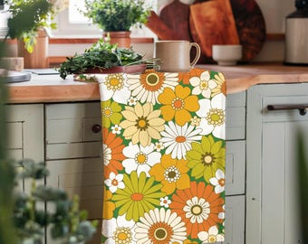 Retro jaren 70 bloemen keukenhanddoek groovy flower power decor vintage geïnspireerde boho theedoek hippie jaren 70 stijl huisdecor