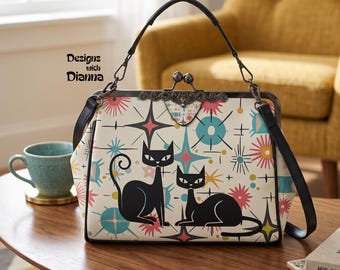 Atomic Cat Purse Retro Mid Century Modern Handbag Vintage Cat Lover Bag Colorful MCM Circle Pattern Statement Handbag Gift