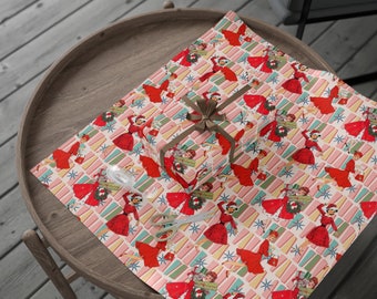 Papel de regalo navideño retro vintage de los años 50, papel de regalo vintage de los años 50, papel de regalo rosa moderno de mediados de siglo, decoración navideña MCM