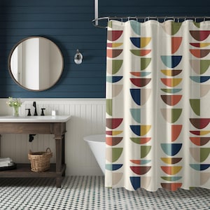 Mid Century Modern Retro Geometric Shower Curtain Vintage 50s MCM Teal Green Mustard and Rust Quirky Bath Decor Colorful Shower Curtain