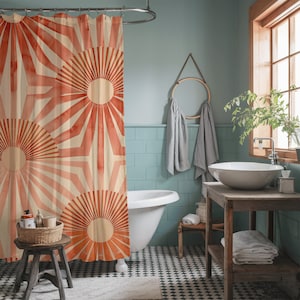 Retro shower curtain showcasing large Mid Century Modern starburst motifs on a warm neutral background.