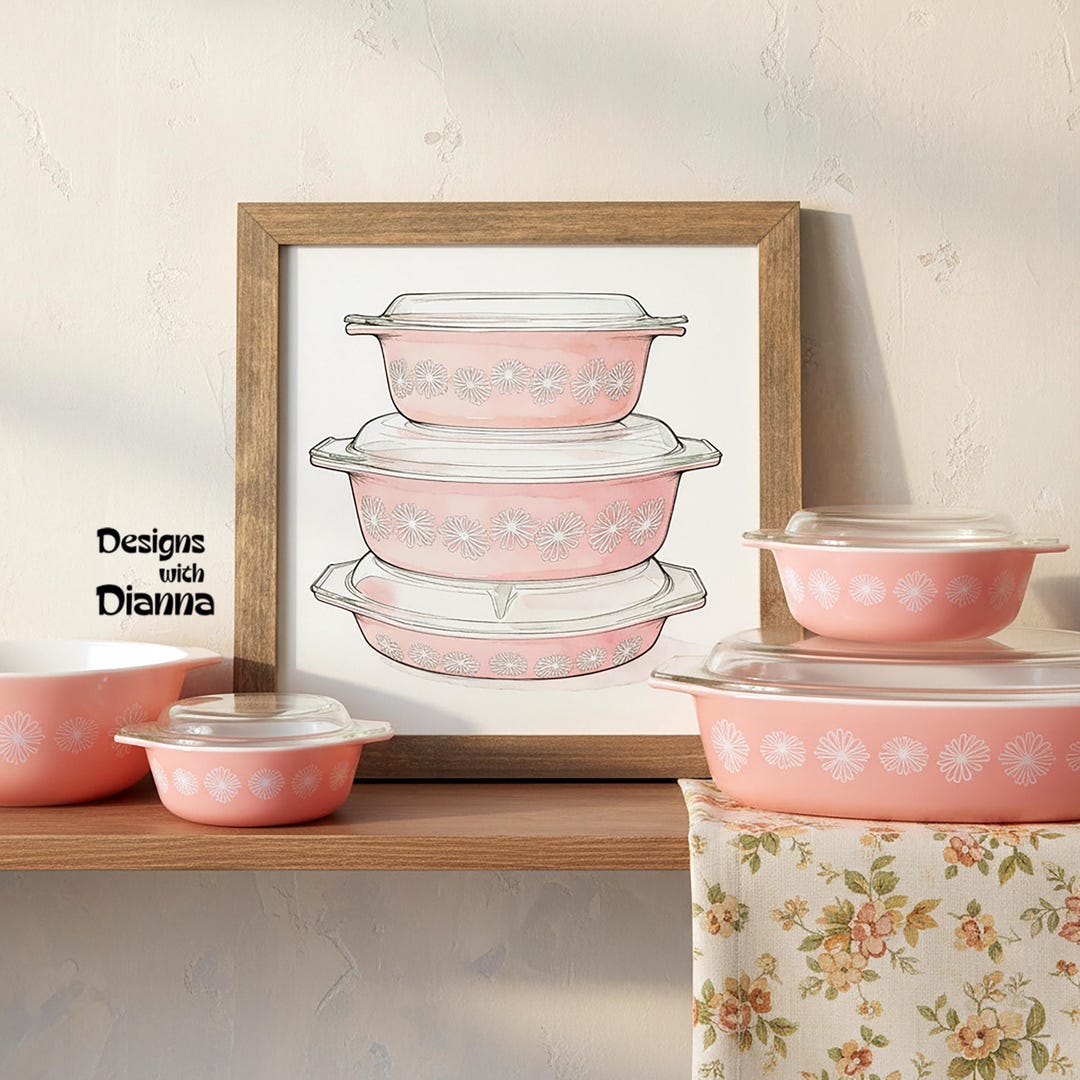 Pyrex Artwork Pyrex Pink Daisy Framed Artwork – Vintage Kitchen Wall Art for Pyrex ...