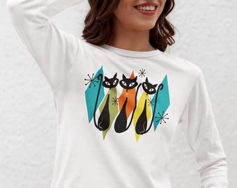 Atomic Cat Shirt Long Sleeve Mid Century Modern Cat Shirt Unisex Retro Cat Tee Vintage Style Cat Lover Gift 50s Cat Kitsch Design