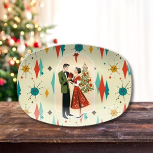Retro Vintage 50s Franciscan Diamond Starburst Kitsch Christmas Card Art Platter, Retro Vintage 50s Cookies For Santa Plate