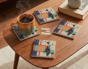 May include: Three square coasters and one ceramic mug featuring a black cat graphic with teal, orange, and cream geometric shapes. The text Designs with Dianna is printed in the center. The mug contains a dark liquid with visible steam rising.