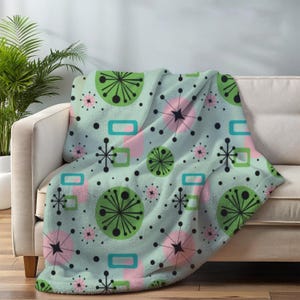 Mid Century Modern Sherpa Fleece Blanket, MCM Geometric Throw in Lime Cream and Pink Atomic Starburst Throw Blanket Retro Style Home Decor