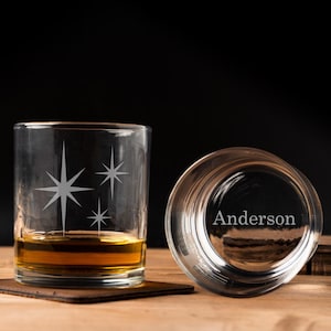 Atomic Starburst Personalized Whiskey Glass Retro Engraved Atomic Barware Kitschy MCM Custom Whiskey Glass Unique Mid Century Modern Barware