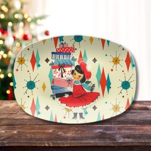 Retro Vintage 50s Franciscan Diamond Starburst Kitsch Christmas Card Art Platter, Retro Vintage 50s Cookies For Santa Plate