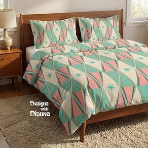 Mid Century Modern Duvet Cover Retro 50s 60s Atomic Starburst Bedding Teal and Pink Geometric MCM Duvet Vintage Bedroom Decor