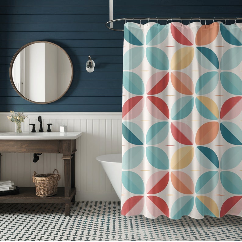 Mid Century Modern Shower Curtain – Pink Black Retro Diamonds & Cute Cat Design, 70x70 Inch Polyester Fabric, Hooks Included