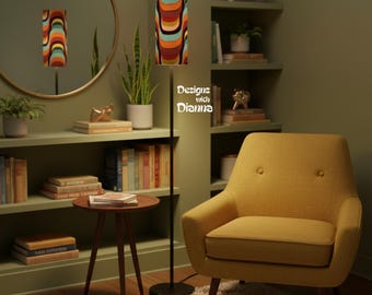 Lámpara de pie de estilo moderno de mediados de siglo con pantalla geométrica colorida y diseño llamativo para rincón de lectura, sala de estar o decoración retro del hogar.
