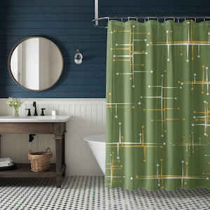 Mid Century Modern Retro Geometric Shower Curtain, 50s MCM Green, Mustard, and Cream Bath Decor