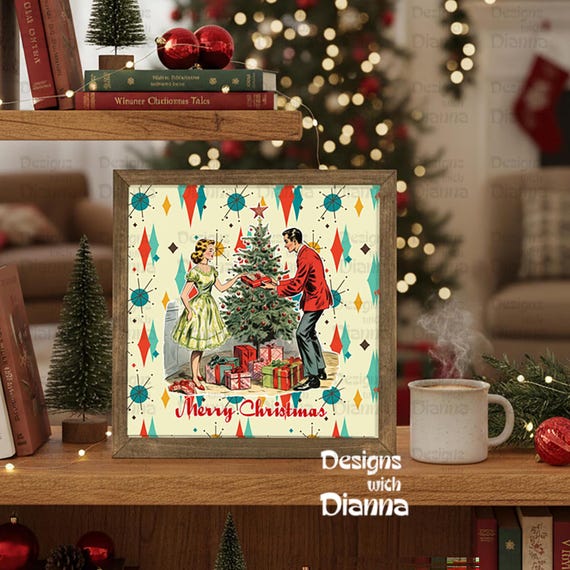Retro Christmas Home Decor 1950s Christmas Framed Artwork Mid Century Modern Kitchen Decor Atomic Age Decor for Living Room MCM Kitchen