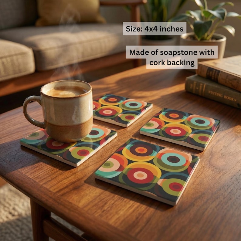 May include: Four square soapstone coasters, each 4x4 inches, with a colorful retro design of overlapping circles in shades of red, orange, yellow, green, and teal. The coasters have a cork backing and are displayed on a wooden table.