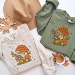 Merry Mushroom Sweatshirt Unisex Polyester Cotton Cottagecore Pullover Retro Fall Holiday Gift for Mushroom Lovers and Collectors