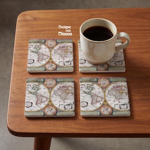 May include: Set of four square coasters with a vintage world map design. The coasters feature a cream-colored background with detailed illustrations of continents and oceans. A coffee mug with dark liquid sits on one coaster. The text "Designs with Dianna" is visible.