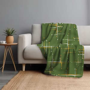 Mid Century Modern Sherpa Fleece Blanket, MCM Geometric Throw in Green and Yellow Atomic Starburst Throw Blanket Retro Style Home Decor