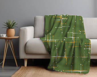 Mid Century Modern Sherpa Fleece Blanket, MCM Geometric Throw in Green and Yellow Atomic Starburst Throw Blanket Retro Style Home Decor