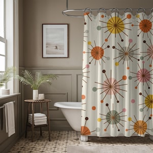 Mid Century Modern Retro Geometric Shower Curtain Vintage 1950s MCM Lime Cream Green Mustard and Rust Quirky Colorful Bathroom Decor