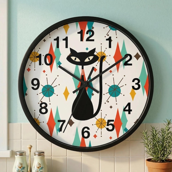Retro Atomic Cat Wall Decor Atomic 50s Style Decor Mid Century Modern Clock MCM House Decor Retro Style Cat Theme Clock Cool Cat Wall Decor