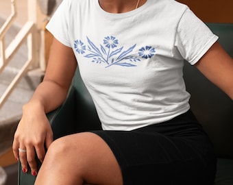 Vintage Corningware Blue Cornflower Shirt, Blue Cornflower T Shirt for Mom, Mom's Vintage Kitchen, Blue Flower Pattern, Pyrex Gifts for Her