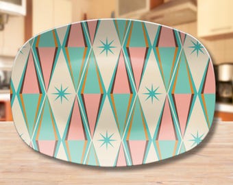 Mid Century Modern Serving Platter Atomic Design Entertaining Tray Retro MCM Party Dinnerware Housewarming Gift 50s Turquoise and Pink Plate