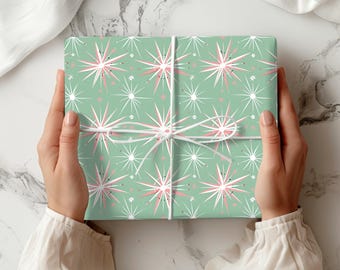 Papel de regalo verde retro de mediados de siglo, papel de regalo verde atómico, papel de regalo navideño vintage, papel de regalo bonito, papel de los años 50