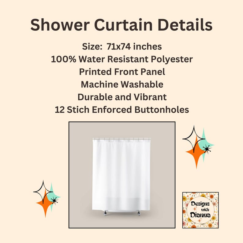 retro shower, orange bathroom, sunburst decor, mcm bathroom, geometric decor, mod shower, vintage bath, atomic decor, retro home, bath makeover, modern curtain, groovy decor, guest bathroom