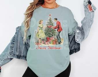 Retro Christmas Shirt For Women Comfort Colors Vintage 50s Holiday Tee 1950s Couple Graphic Nostalgic Xmas Outfit For Parties Or Casual Wear